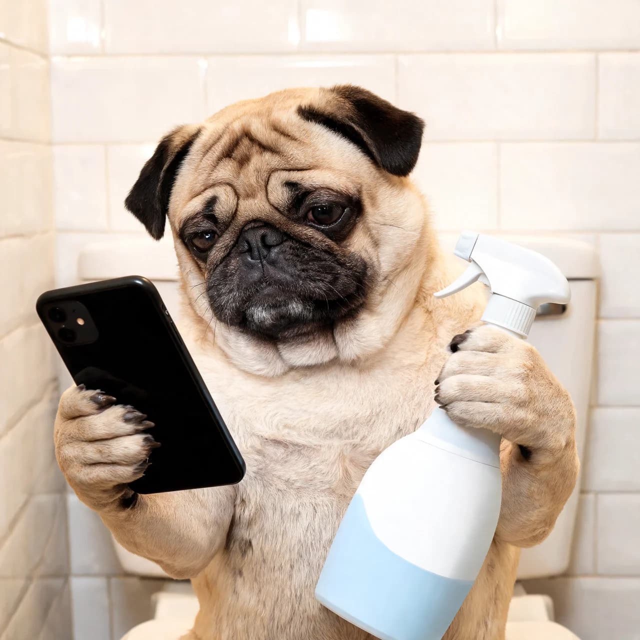 A pug holding a sanitizing spray bottle and a phone, ready to add Tidy Tails yard sanitizing during online signup